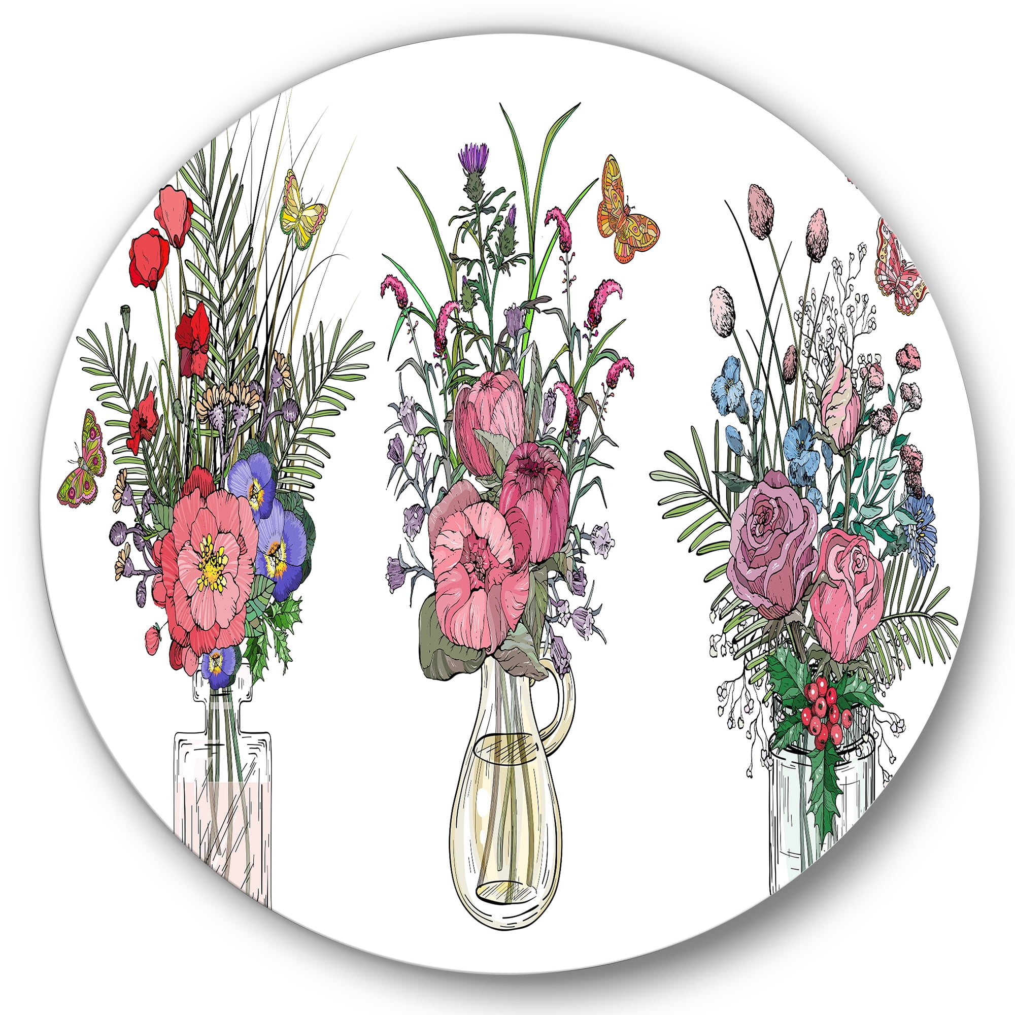 Designart 'Transparent Vases With Bouquets of Wildflowers II' Farmhouse Circle Metal Wall Art 23x23 - Disc of 23