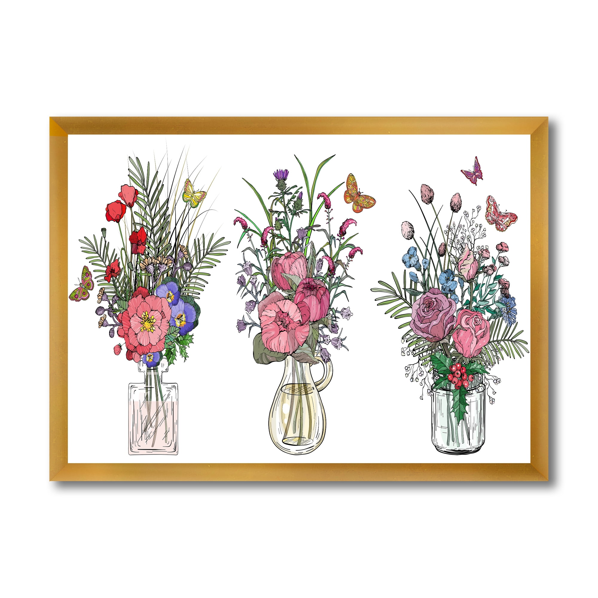 Designart 'Transparent Vases With Bouquets of Wildflowers II' Farmhouse Framed Art Print