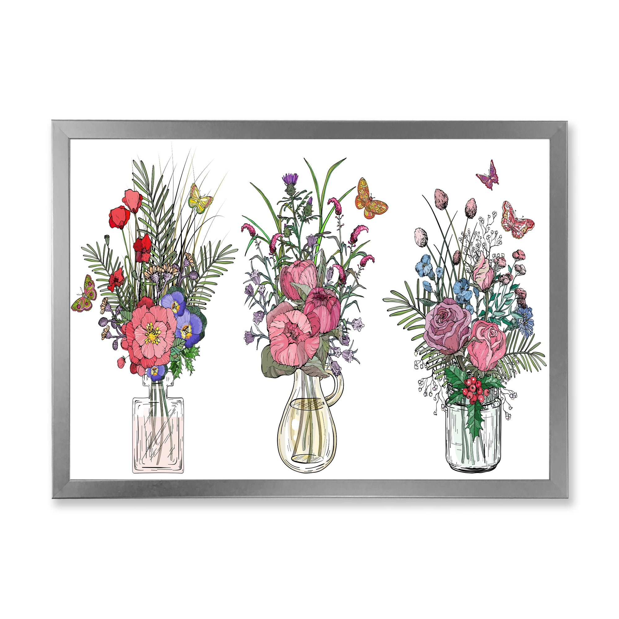 Designart 'Transparent Vases With Bouquets of Wildflowers II' Farmhouse Framed Art Print
