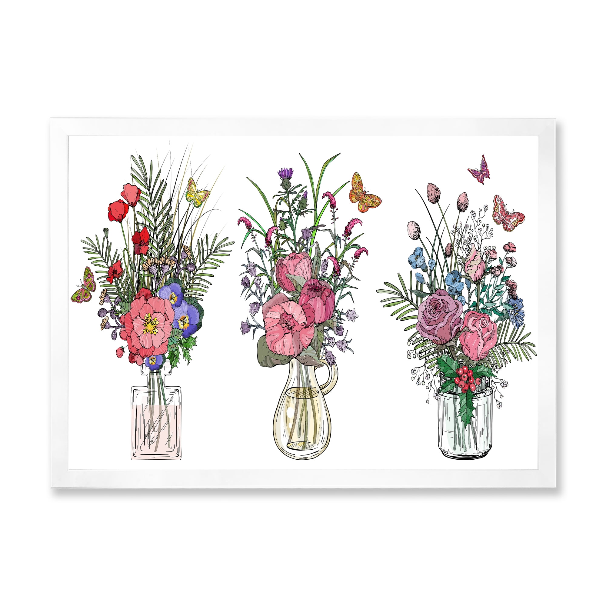 Designart 'Transparent Vases With Bouquets of Wildflowers II' Farmhouse Framed Art Print