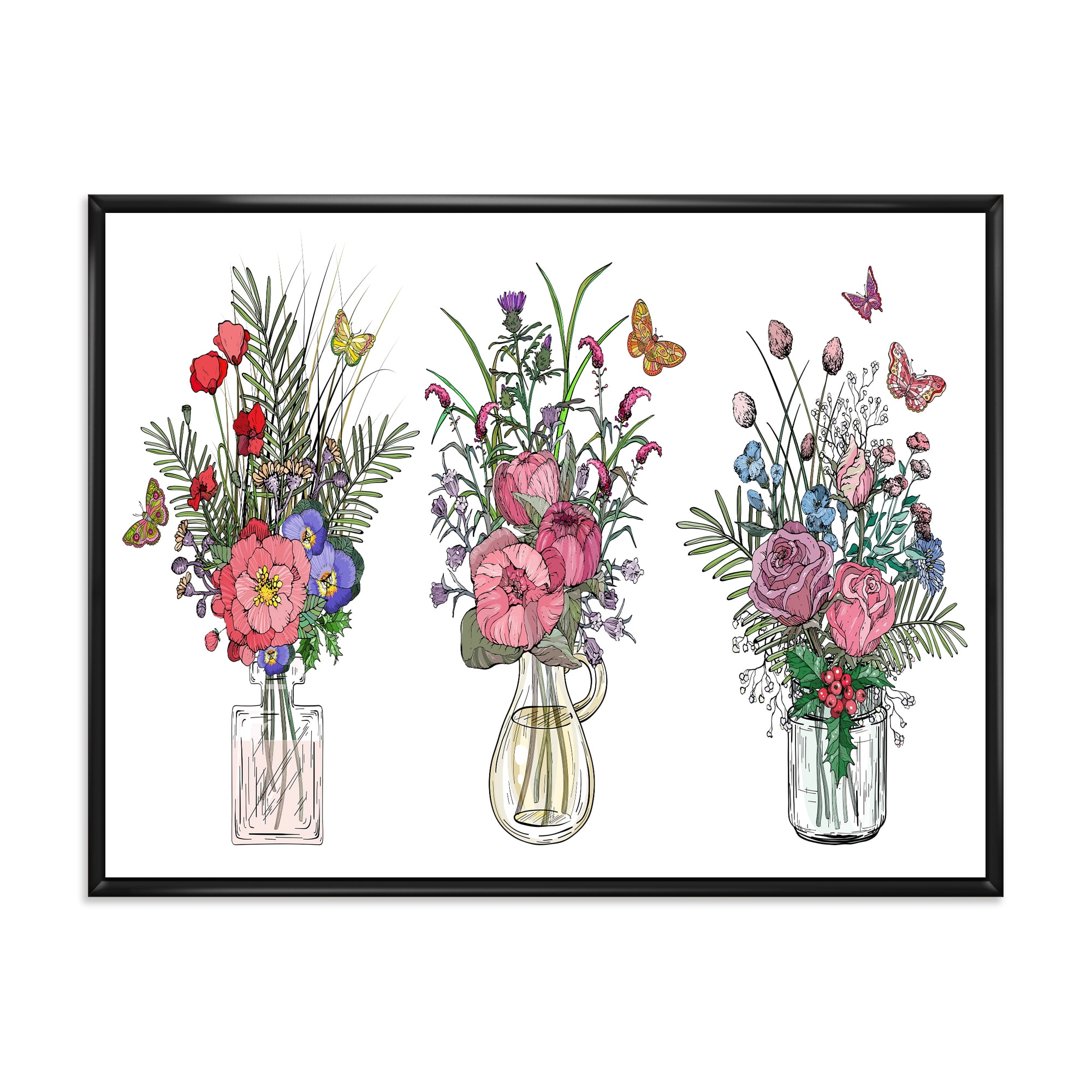Designart 'Transparent Vases With Bouquets of Wildflowers II' Farmhouse Framed Canvas Wall Art Print