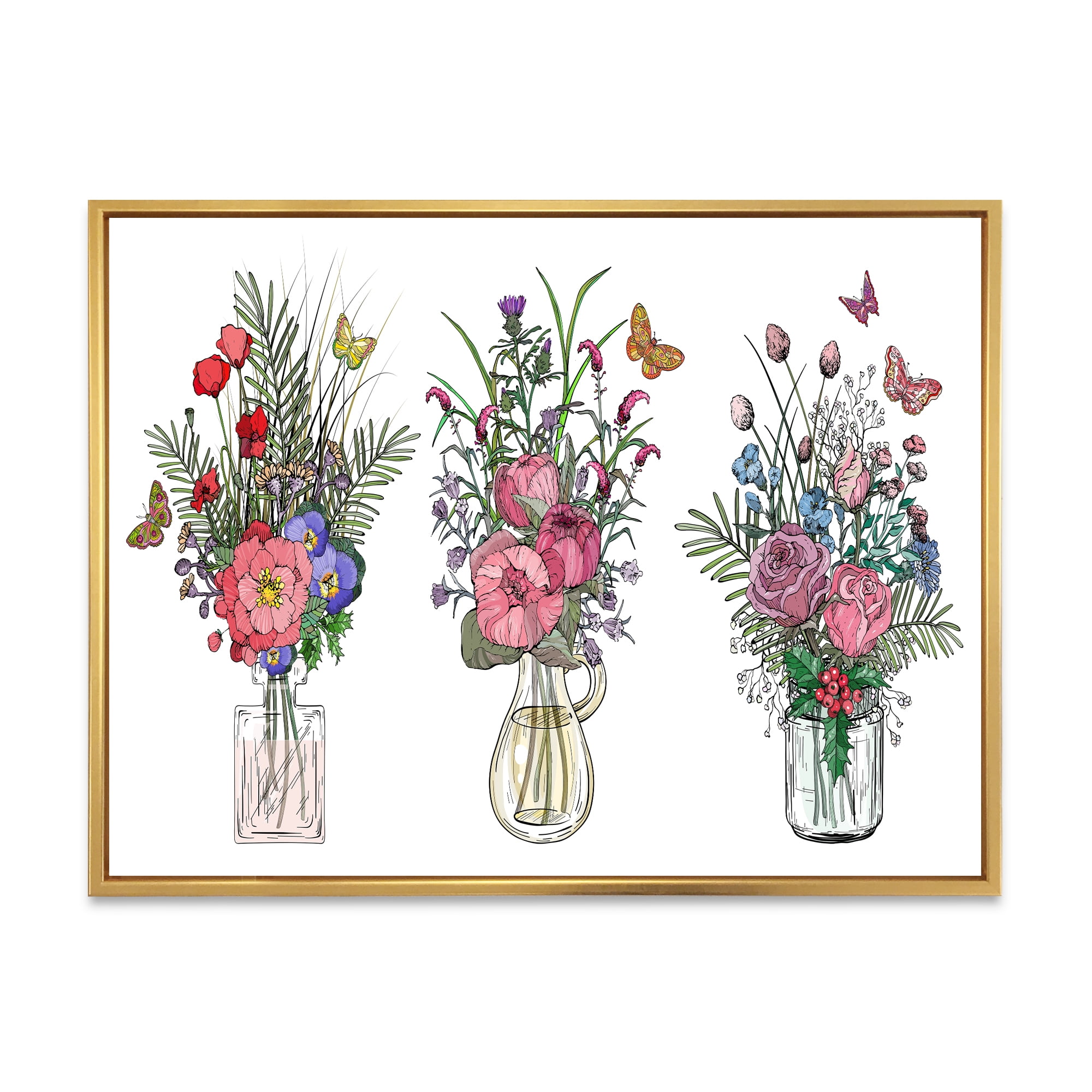 Designart 'Transparent Vases With Bouquets of Wildflowers II' Farmhouse Framed Canvas Wall Art Print