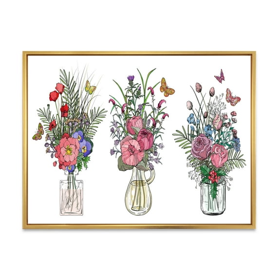 Designart 'Transparent Vases With Bouquets of Wildflowers II' Farmhouse Framed Canvas Wall Art Print