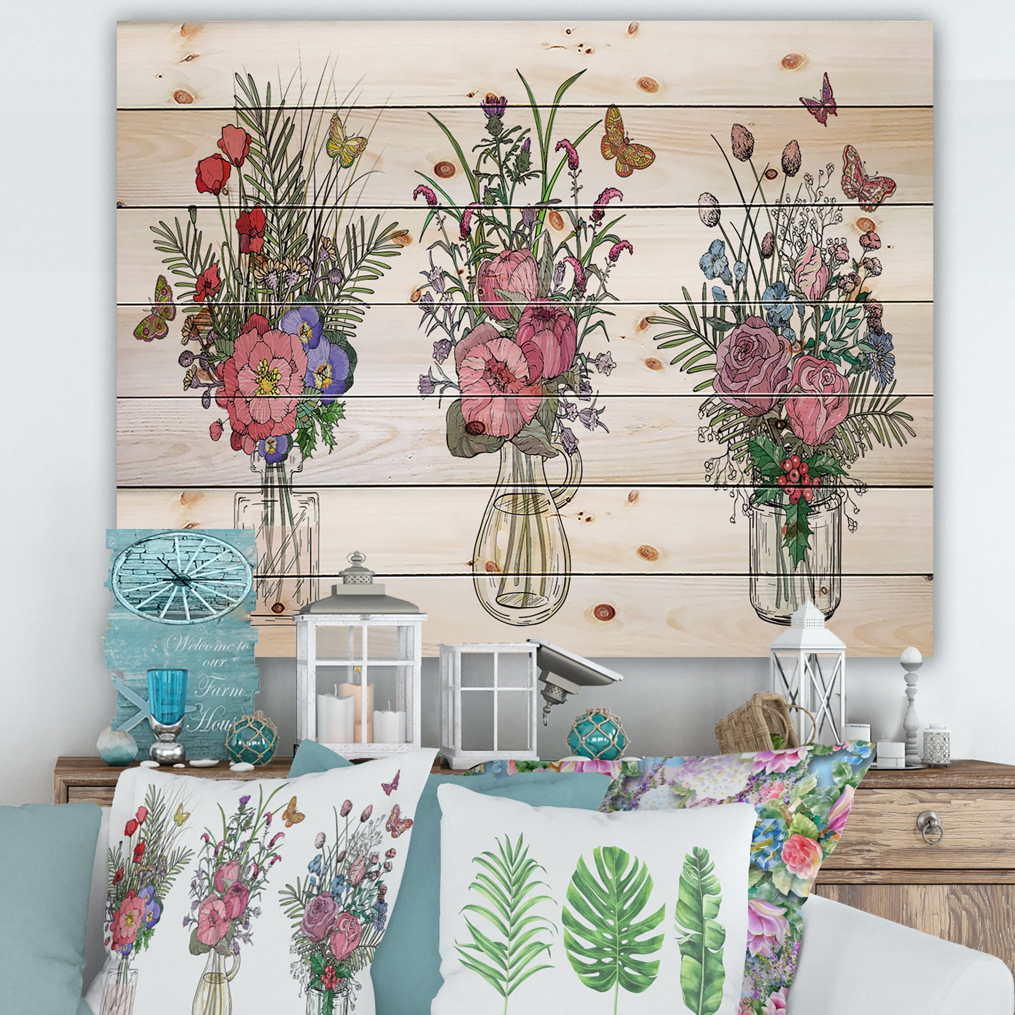 Designart 'Transparent Vases With Bouquets of Wildflowers II' Farmhouse Print on Natural Pine Wood