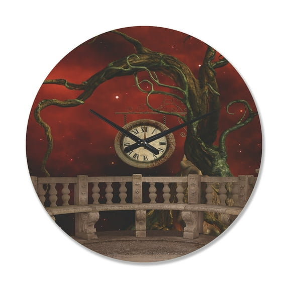 Designart 'Tree Angels and Balcony with Clock' Vintage Wood Wall Clock