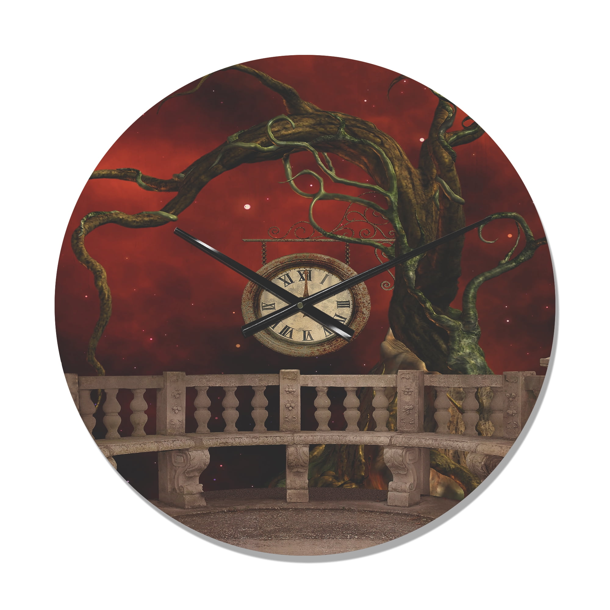 Designart 'Tree Angels and Balcony with Clock' Vintage Wood Wall Clock