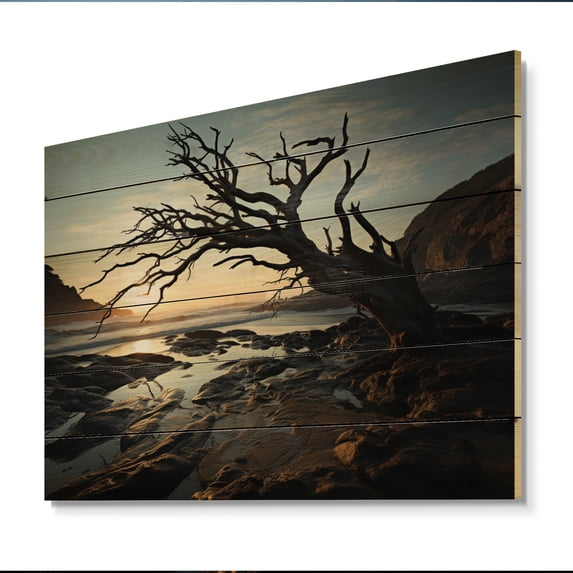 Designart "Tree Beachside euphony III" Nautical & Beach Print on Natural Pine Wood