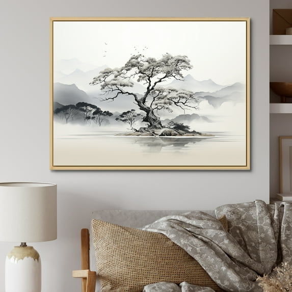 Designart "Tree Monochrome Ink euphony I" Floral Floater Framed Canvas Print