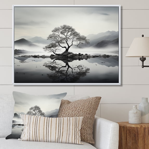 Designart "Tree Monochrome Ink euphony II" Floral Floater Framed Wall Decor