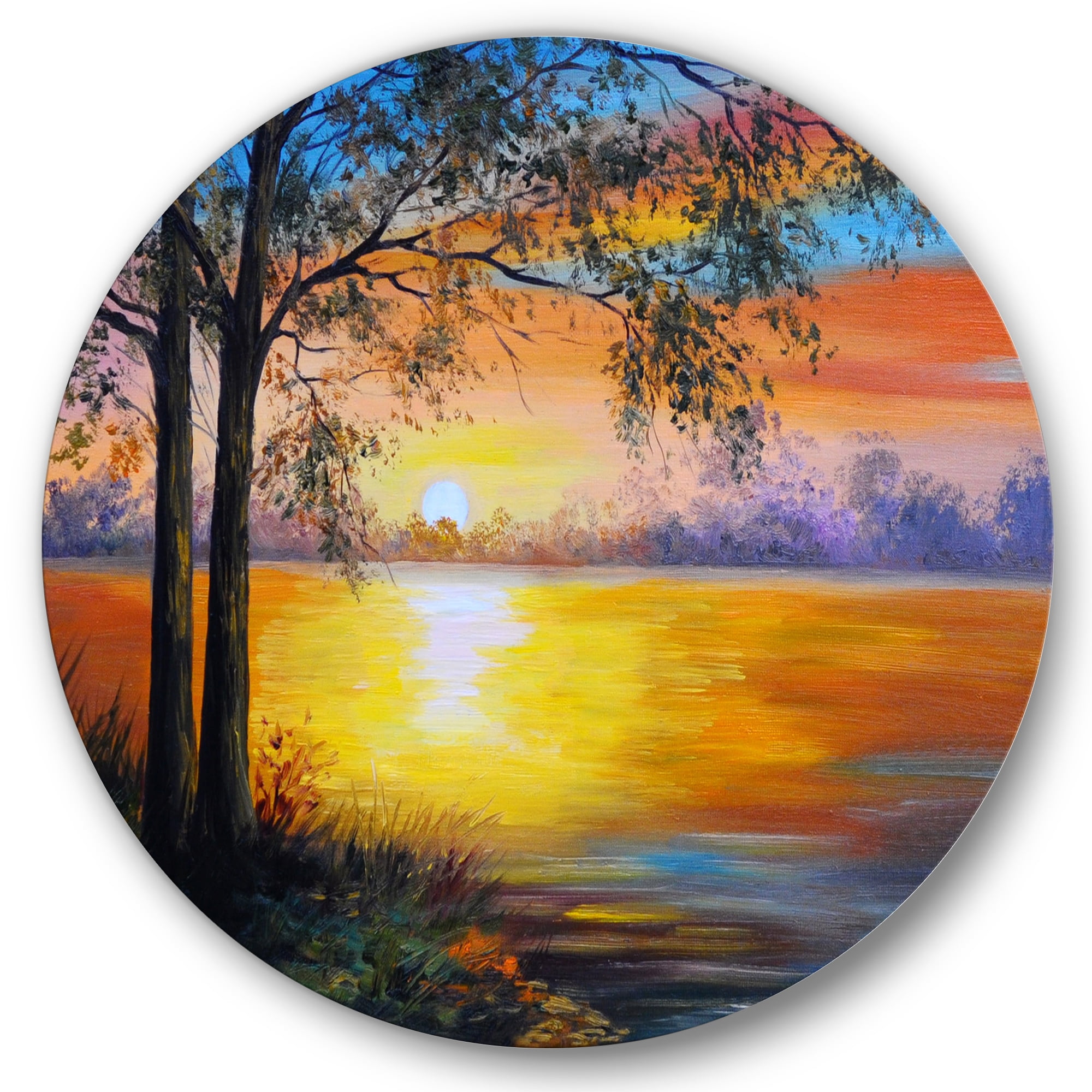 Designart 'Tree Near The Lake in Evening' Traditional Circle Metal Wall Art 11x11 - Disc of 11