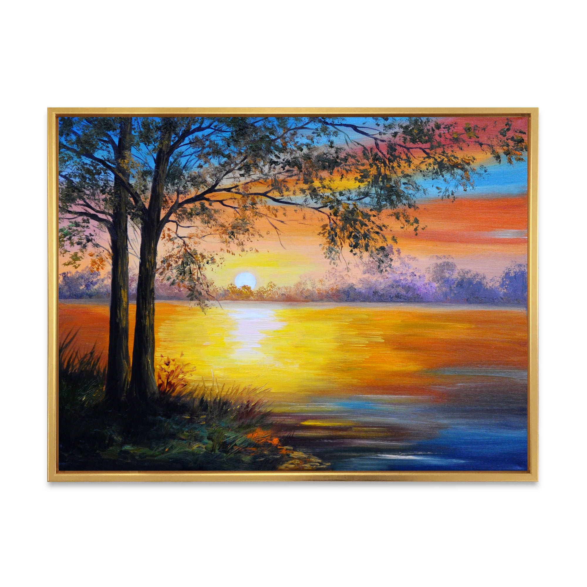 Designart 'Tree Near The Lake in Evening' Traditional Framed Canvas Wall Art Print
