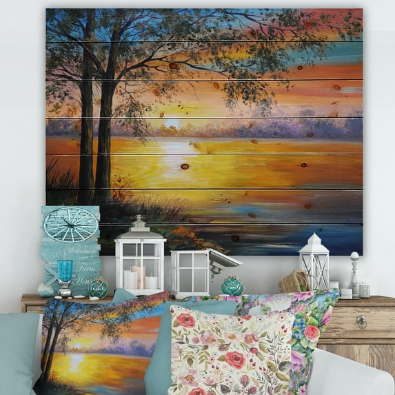 Designart 'Tree Near The Lake in Evening' Traditional Print on Natural Pine Wood