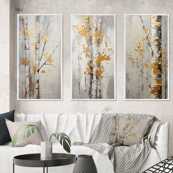 Designart "Tree Of Grey & Yellow III" Floral & Botanical Framed Wall Art Set Of 3 - Yellow Tree Monochrome Frame Gallery Wall Set For Home Decor