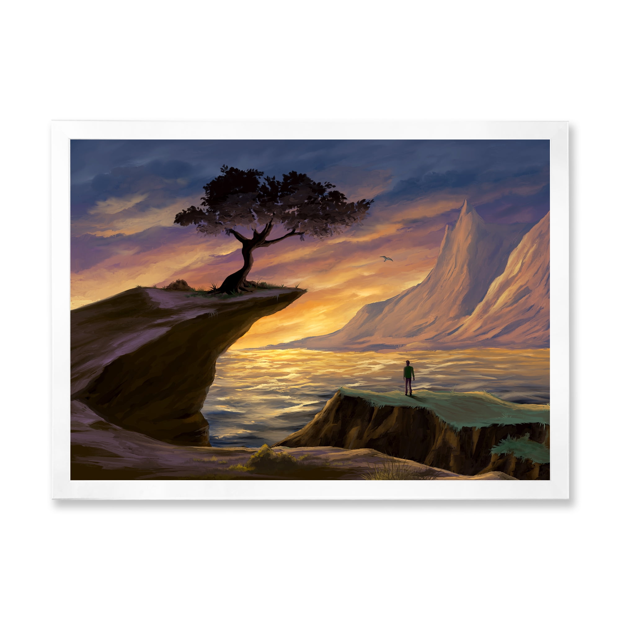 Designart 'Tree On A Sea Cliff At Evening Light' Lake House Framed Art Print