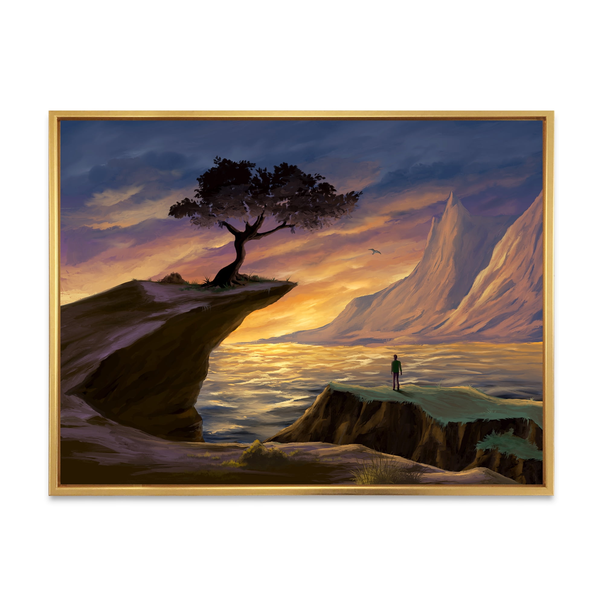 Designart 'Tree On A Sea Cliff At Evening Light' Lake House Framed Canvas Wall Art Print