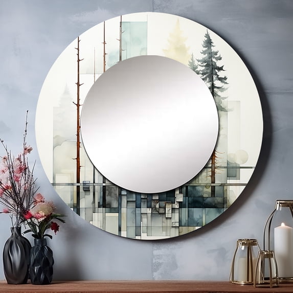 Designart "Tree Redwood Geometric Silence I" Trees Rund Mirror For Wall Decor - Large Green Round Print Mirror - Round Traditional Mirror 23" x 23" Inch - Wall Mounted Round Large Mirror