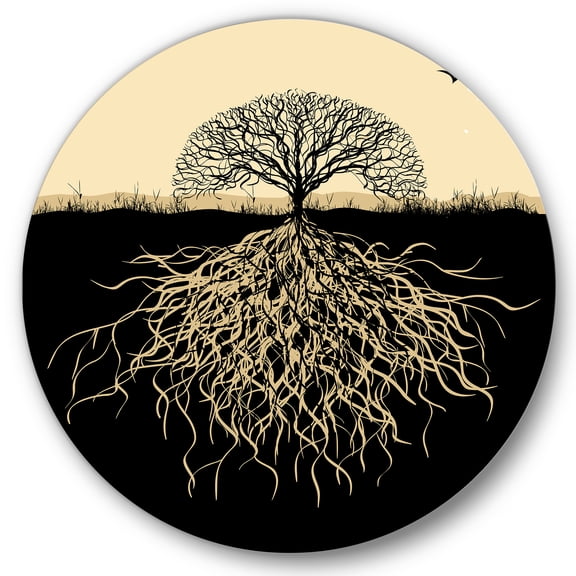 Designart 'Tree Silhouette With Underground Roots' Traditional Circle Metal Wall Art 29x29 - Disc of 29