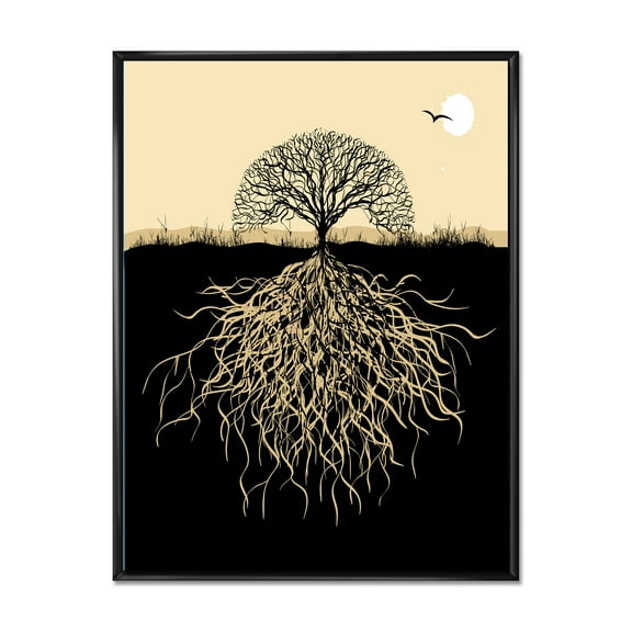 Designart 'Tree Silhouette With Underground Roots' Traditional Framed Canvas Wall Art Print
