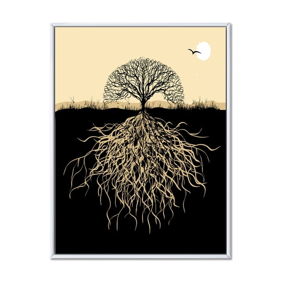 Designart 'Tree Silhouette With Underground Roots' Traditional Framed Canvas Wall Art Print