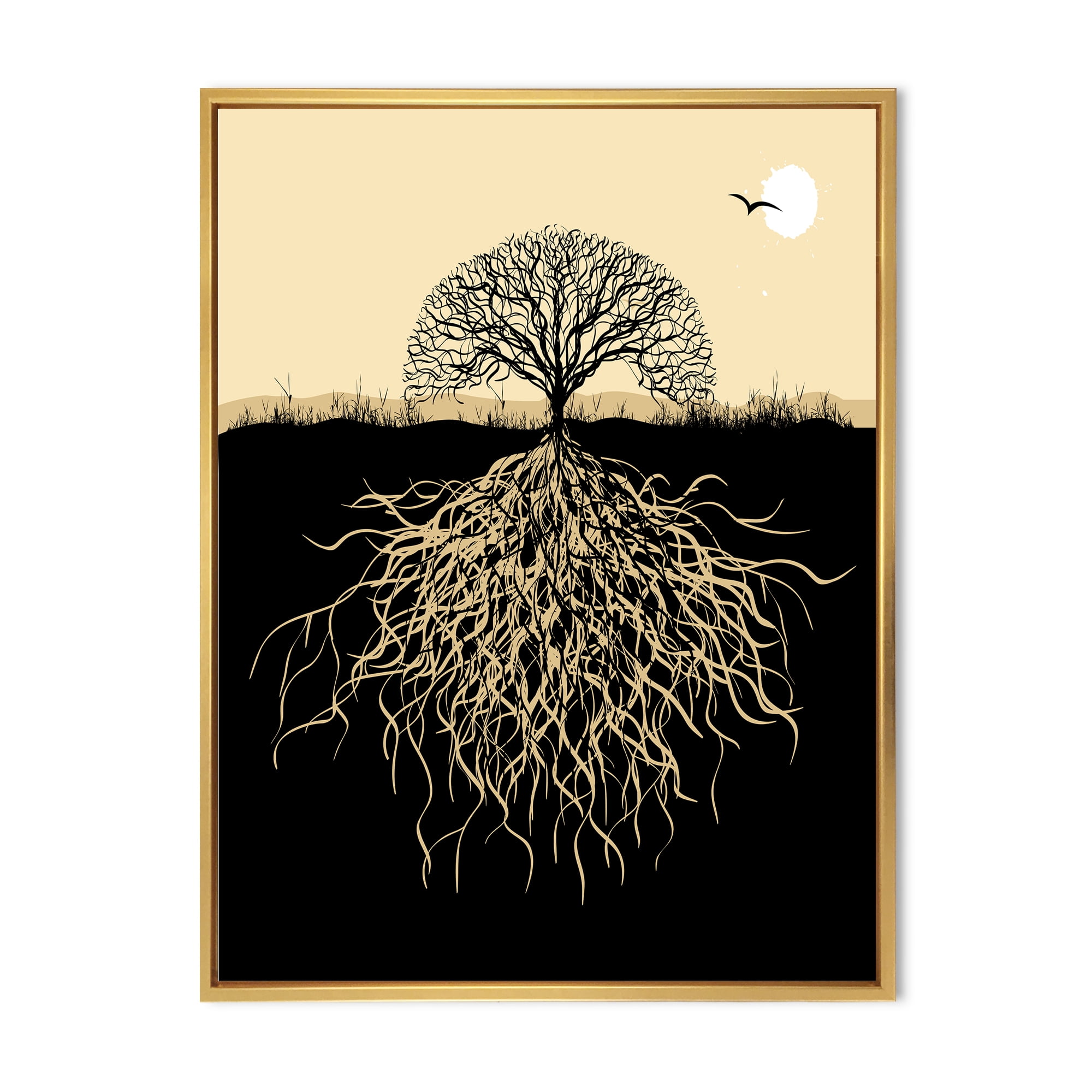 Designart 'Tree Silhouette With Underground Roots' Traditional Framed Canvas Wall Art Print