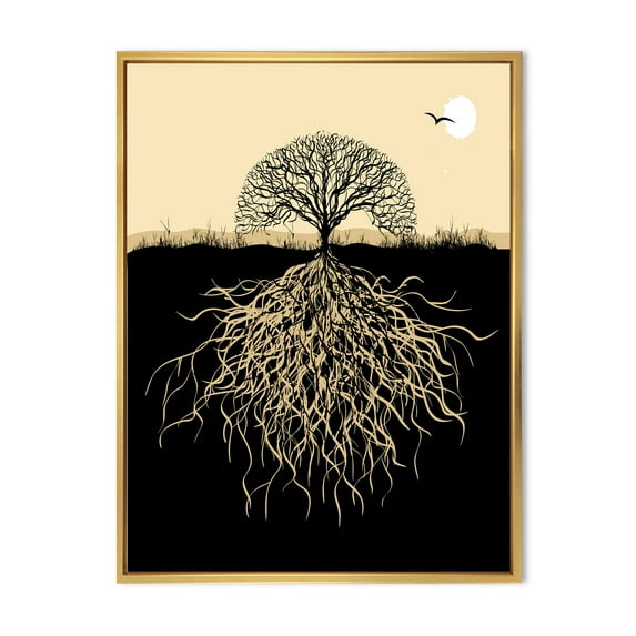 Designart 'Tree Silhouette With Underground Roots' Traditional Framed Canvas Wall Art Print