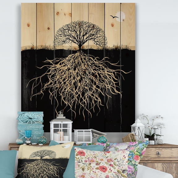 Designart 'Tree Silhouette With Underground Roots' Traditional Print on Natural Pine Wood