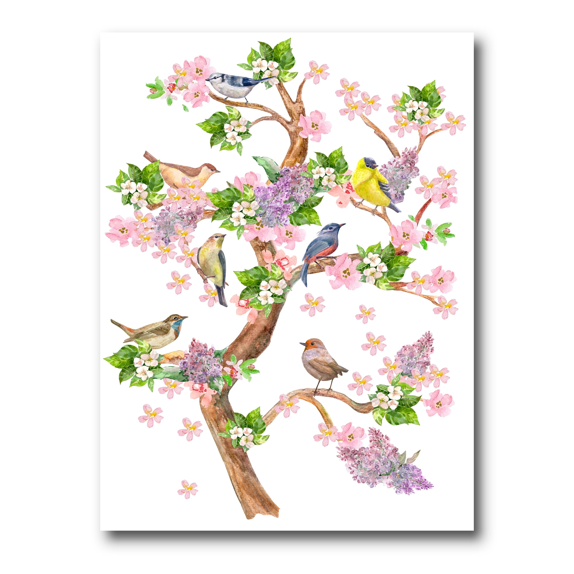 Designart ' Tree With Colorful Birds Sitting On Flowering Branches ' Traditional Canvas Wall Art Print