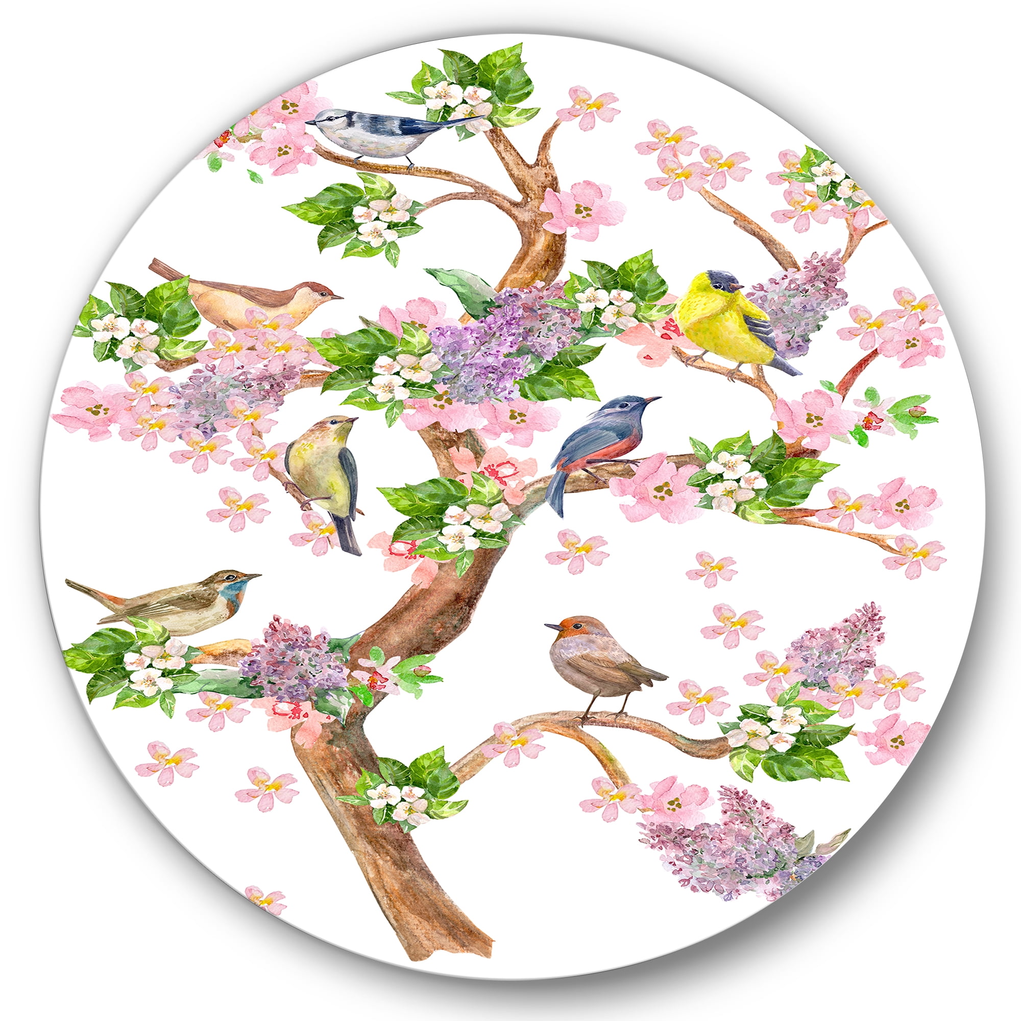 Designart 'Tree With Colorful Birds Sitting On Flowering Branches' Traditional Circle Metal Wall Art 36x36 - Disc of 36