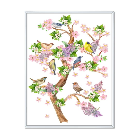Designart 'Tree With Colorful Birds Sitting On Flowering Branches' Traditional Framed Canvas Wall Art Print