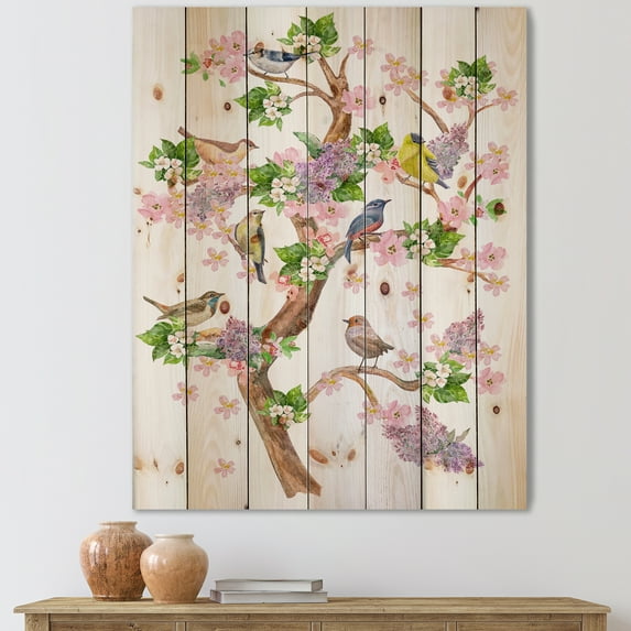 Designart 'Tree With Colorful Birds Sitting On Flowering Branches' Traditional Print on Natural Pine Wood
