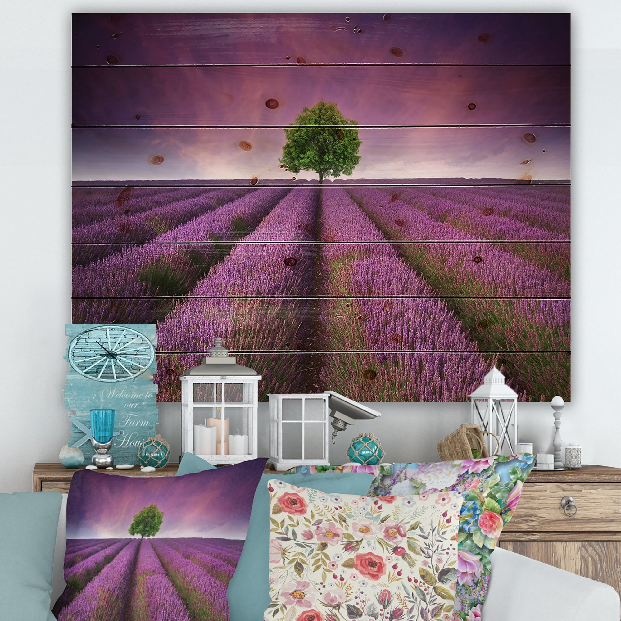 Designart 'Tree With Stunning Lavender Field Summer Sunset' Farmhouse Print on Natural Pine Wood