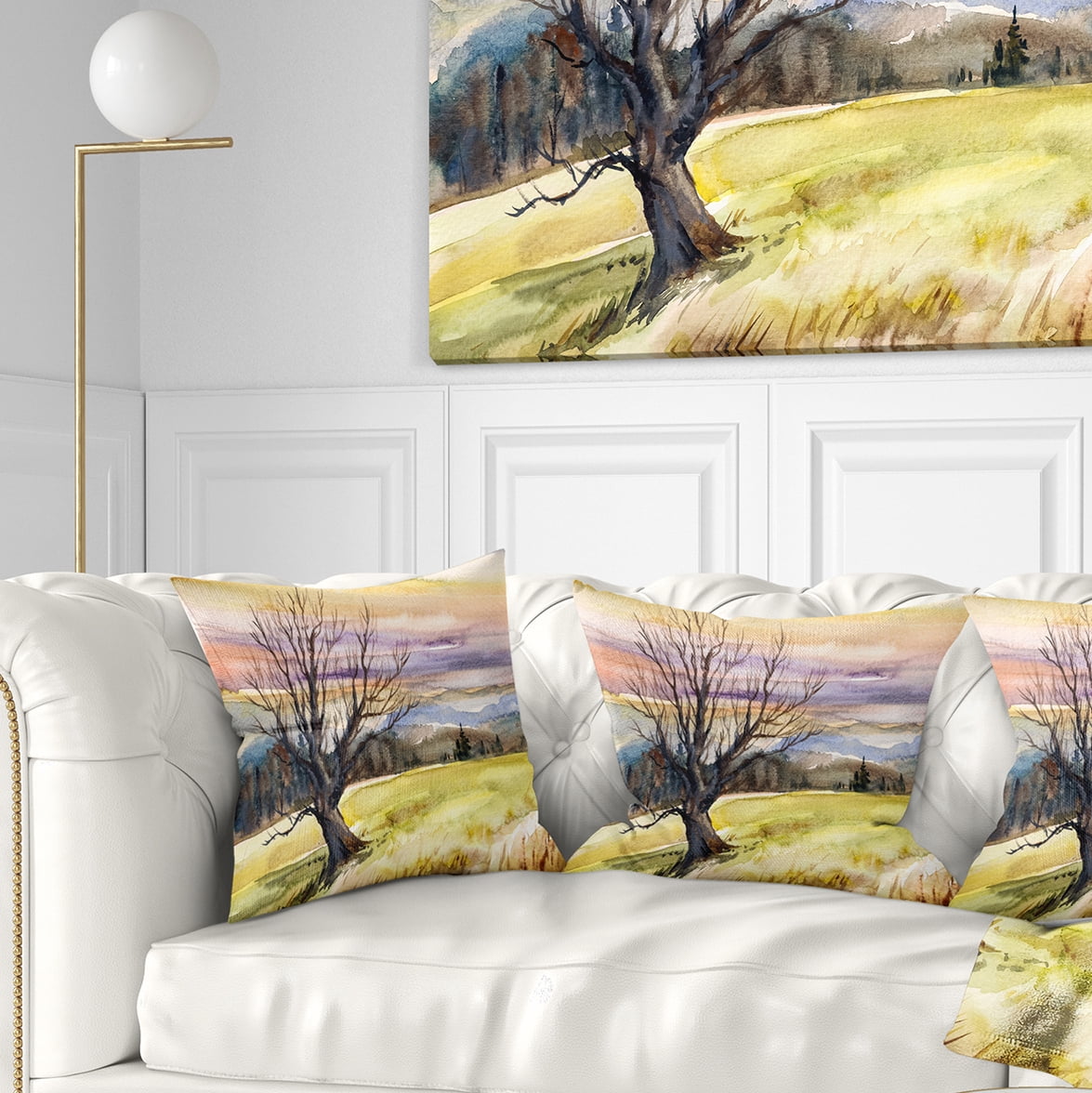 Designart Tree Without Leaves at Sunset - Trees Painting Throw Pillow - 18x18