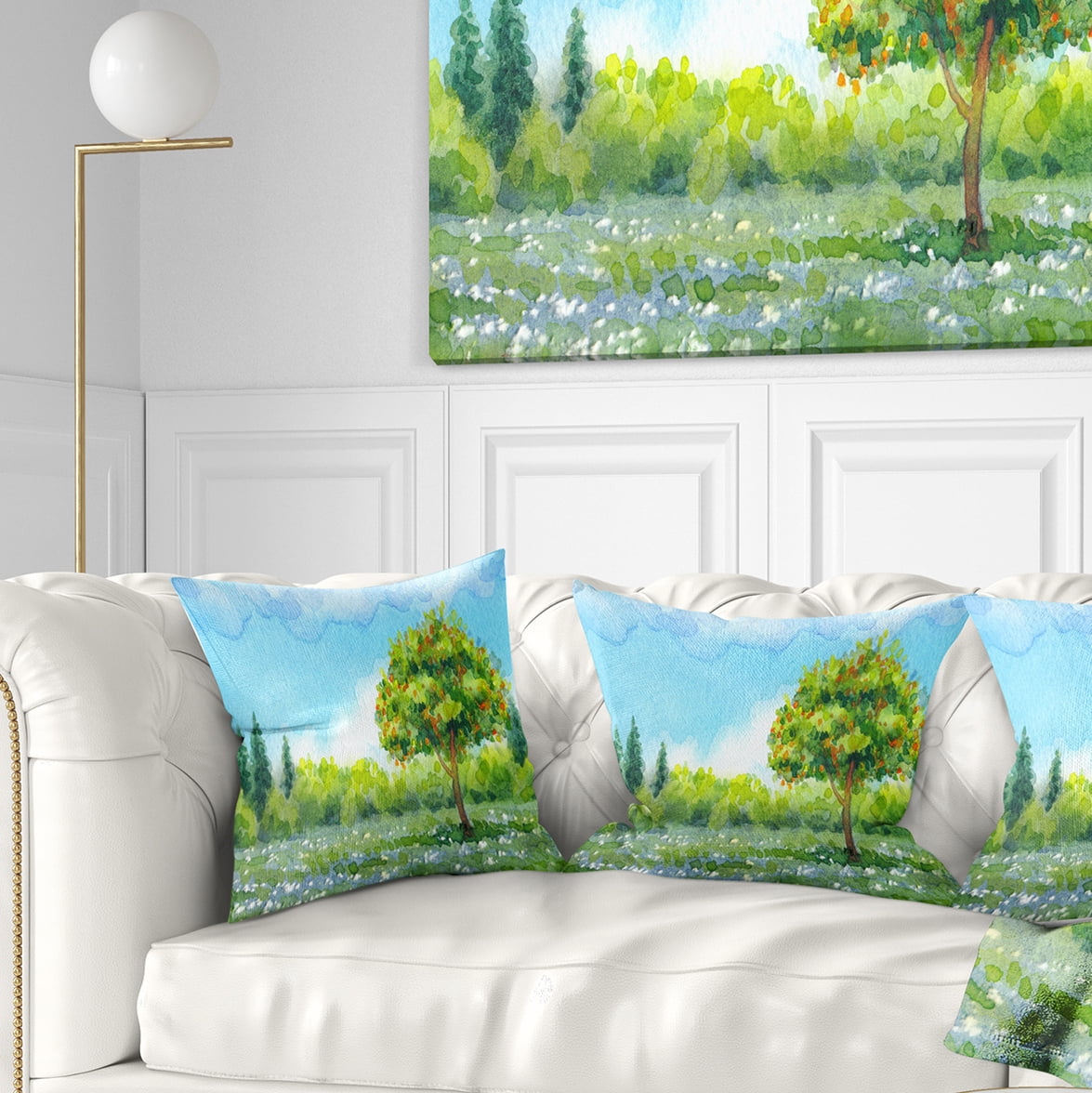 Designart Tree in Spring - Watercolor Painting Landscape Printed Throw Pillow - 16x16