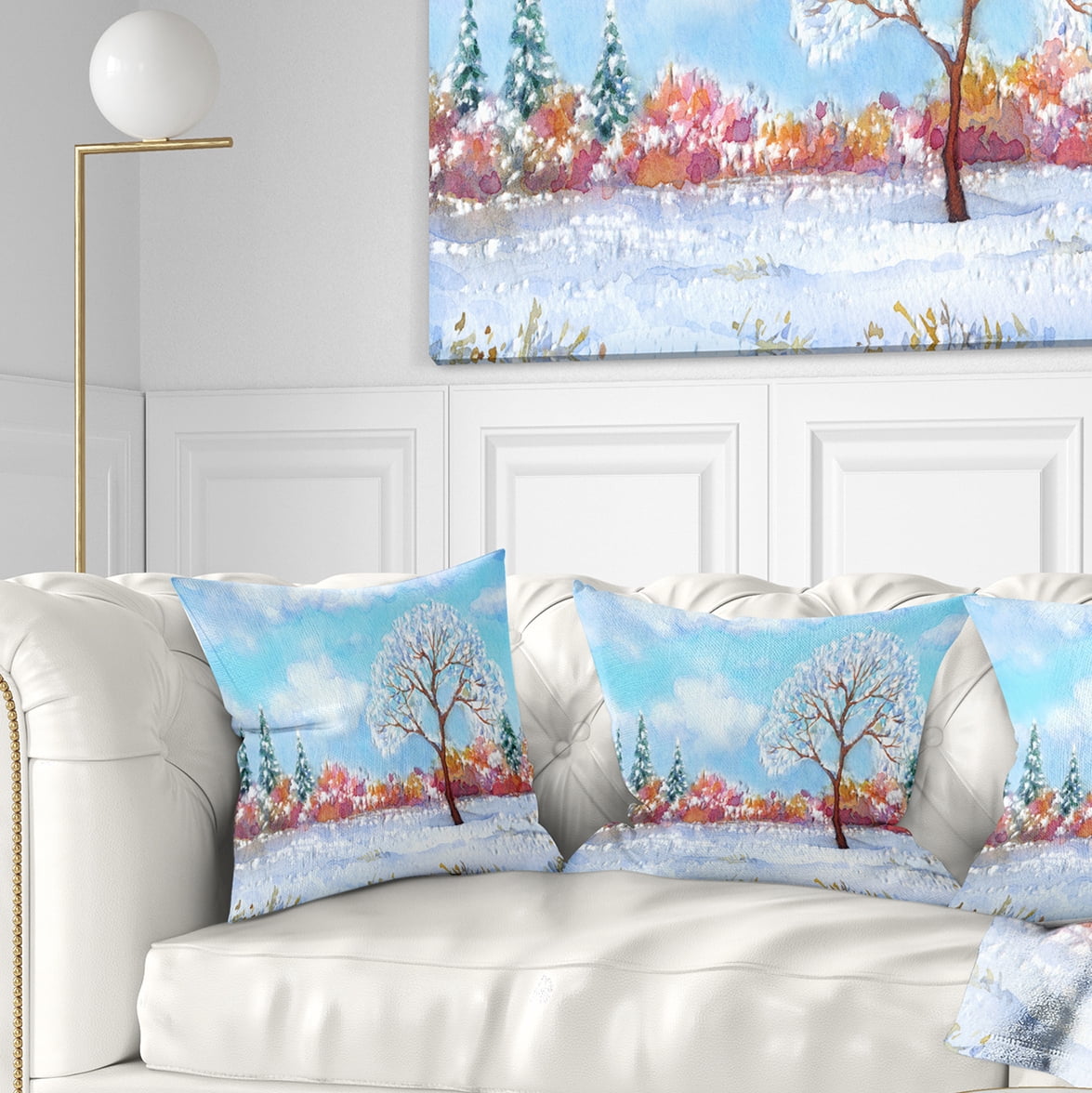 Designart Tree in Winter - Watercolor Painting Landscape Printed Throw Pillow - 18x18