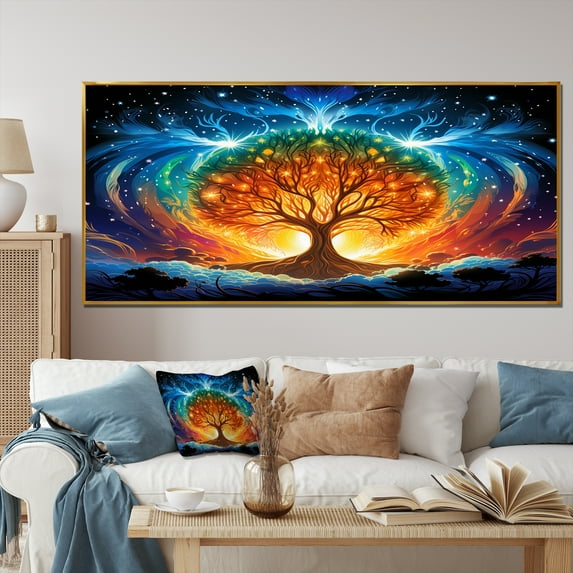 Designart "Tree of Life Blue and Orange Harmony" Oversized Landscapes Framed Wall Art - Country Blue Tree Entryway Framed Wall Art Print