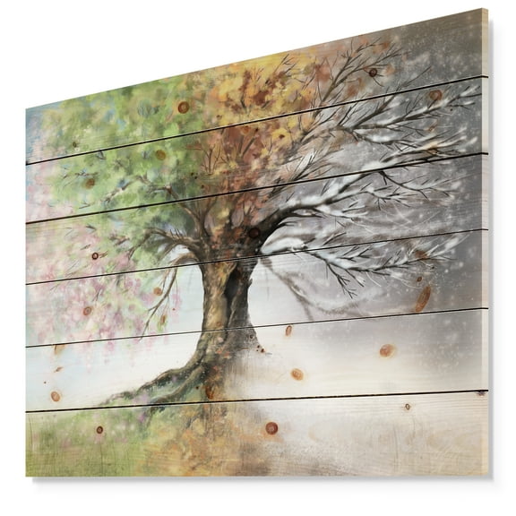 Designart 'Tree with Four Seasons ' Landscape Print on Natural Pine Wood