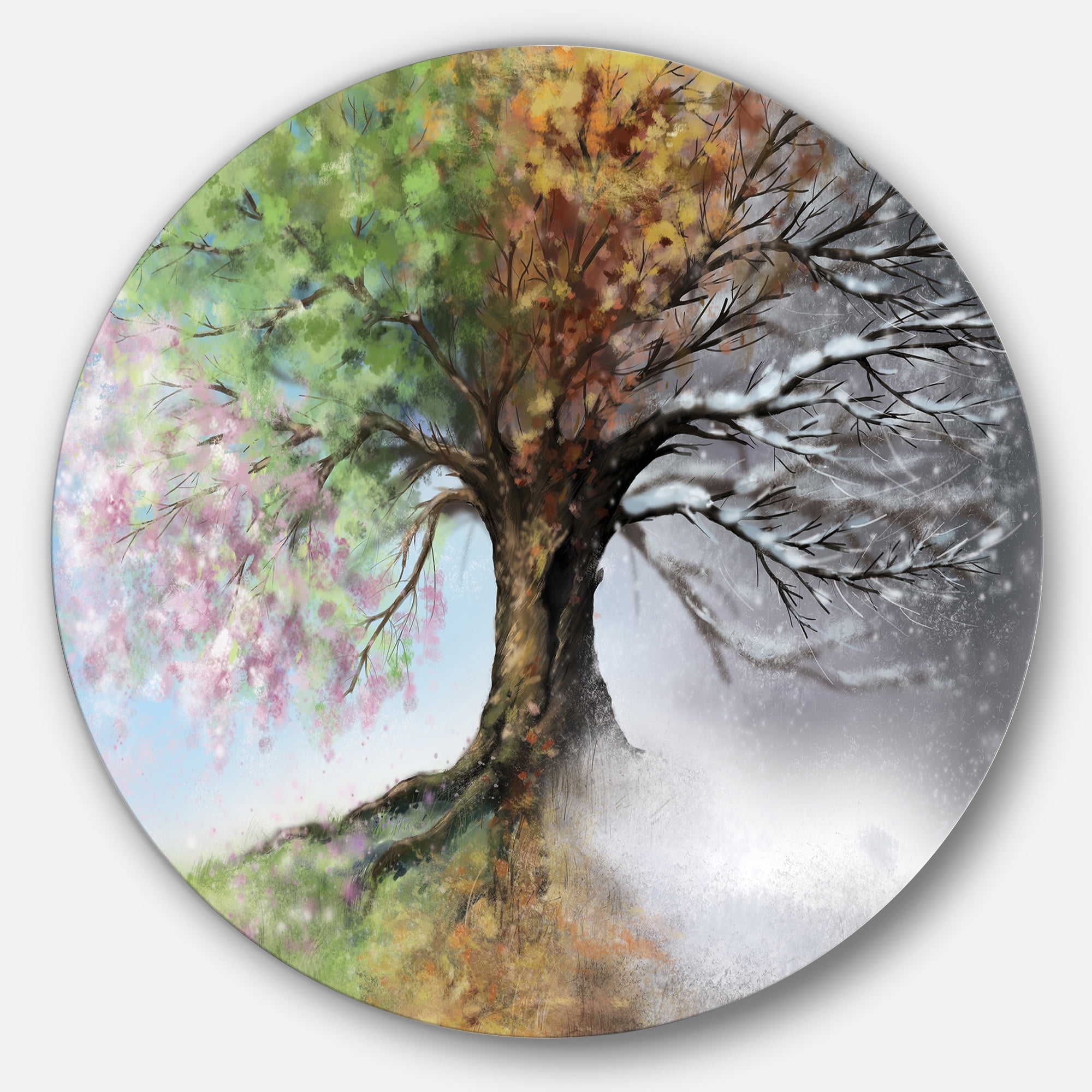 Designart Tree with Four Seasons' Tree Painting Circle Metal Wall Art ...