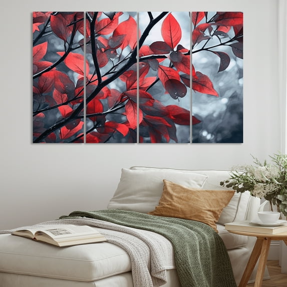 Designart "Tree with Leaves in Red and Grey I" Floral Metal Wall Décor Set