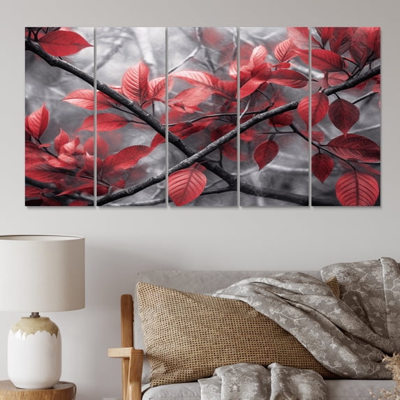 Designart "Tree with Leaves in Red and Grey III" Floral Metal Wall Art Set