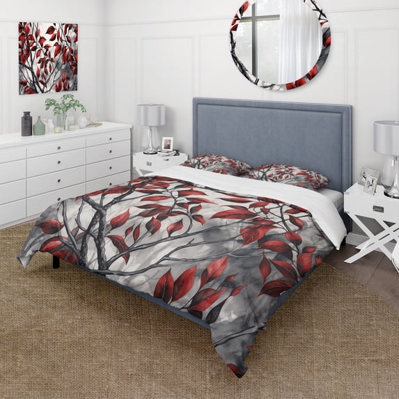 Designart "Tree with Leaves in Red and Grey VI" Floral Bedding Covert Set - Traditional Red Country Charm Bed Set With 2 Shams