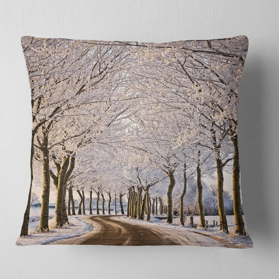 Designart Trees And Road in White Winter - Landscape Printed Throw Pillow - 16x16