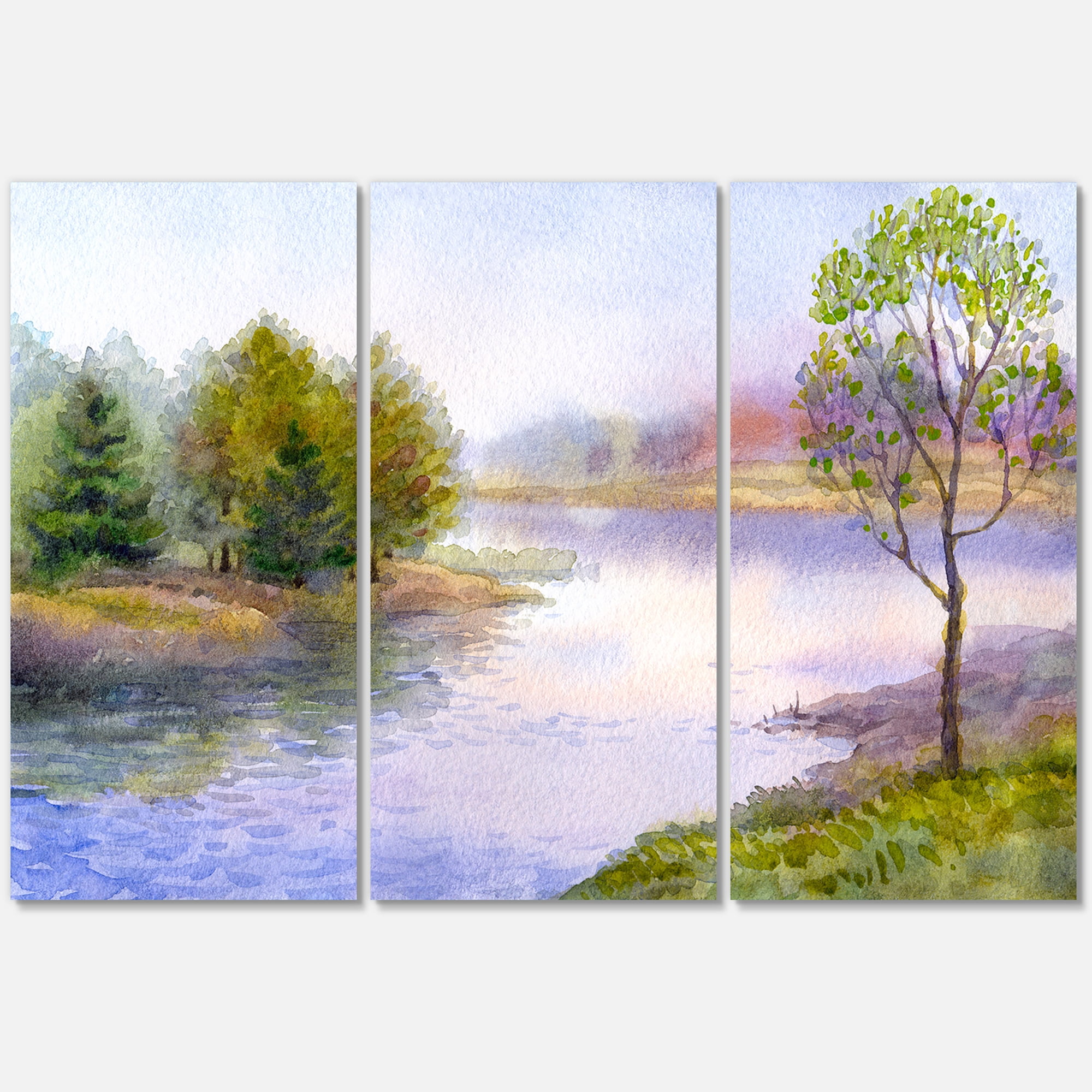 Designart ' Trees On The Bank Of River ' Lake House Canvas Wall Art Print