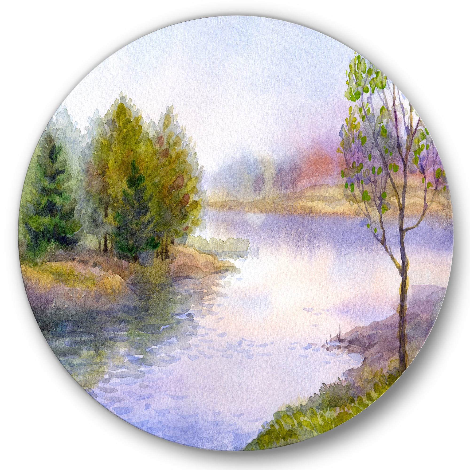 Designart 'Trees On The Bank Of River' Lake House Circle Metal Wall Art 11x11 - Disc of 11