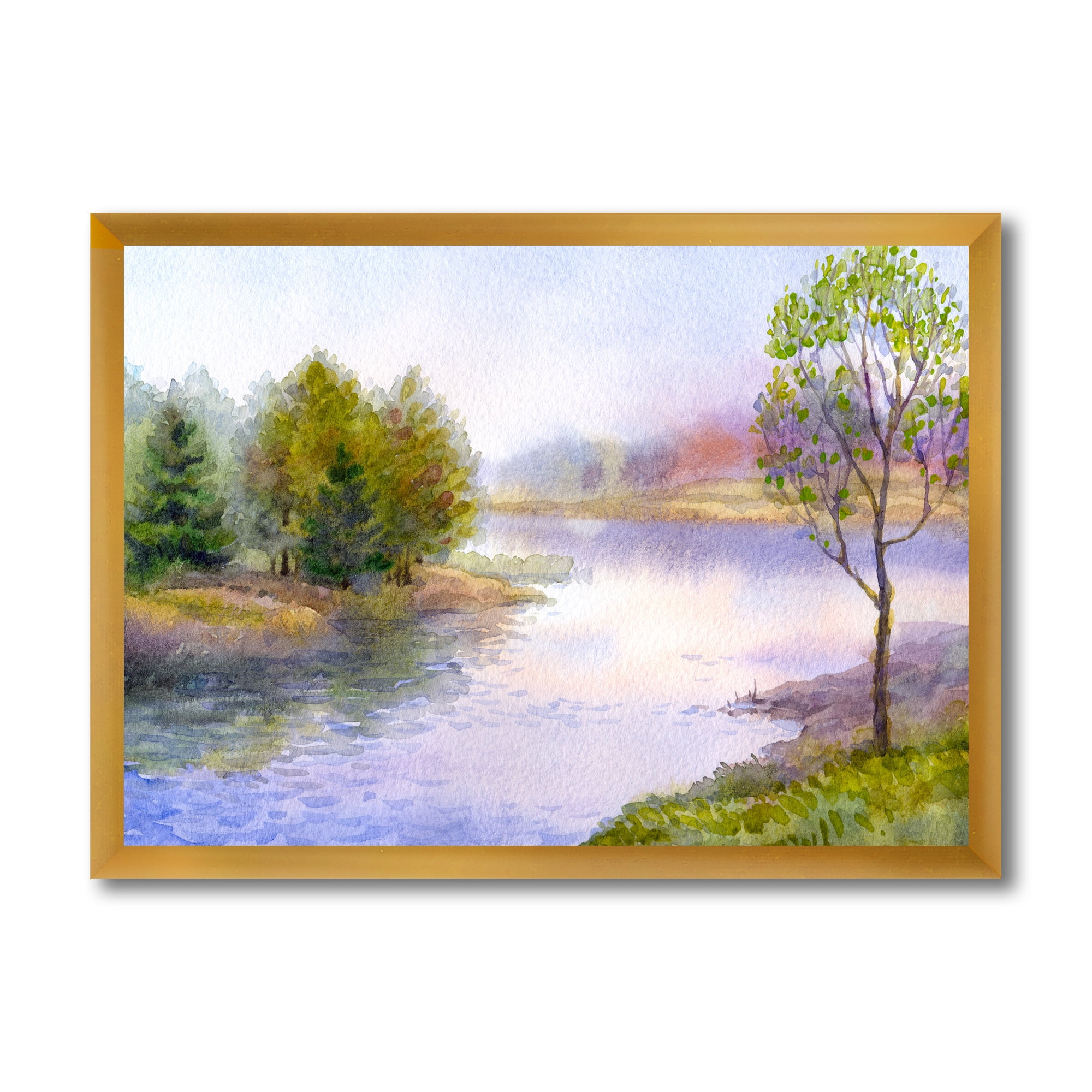 Designart 'Trees On The Bank Of River' Lake House Framed Art Print