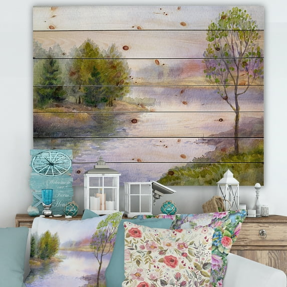 Designart 'Trees On The Bank Of River' Lake House Print on Natural Pine Wood