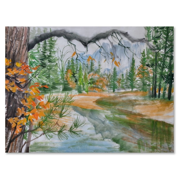Designart ' Trees With River In Autumn Forest ' Lake House Canvas Wall Art Print