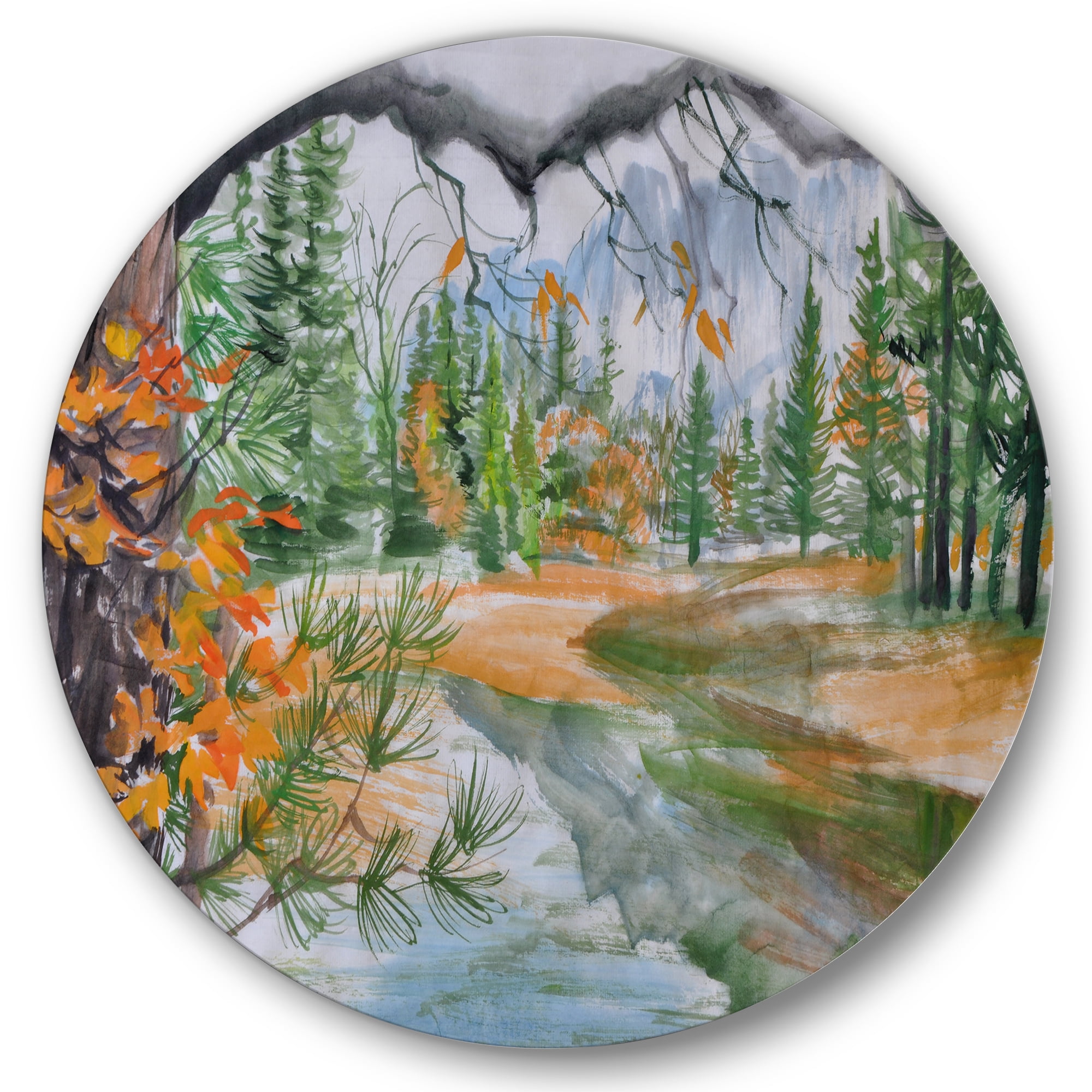 Designart 'Trees With River In Autumn Forest' Lake House Circle Metal Wall Art 23x23 - Disc of 23