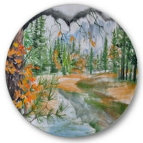 Designart 'Trees With River In Autumn Forest' Lake House Circle Metal Wall Art 36x36 - Disc of 36