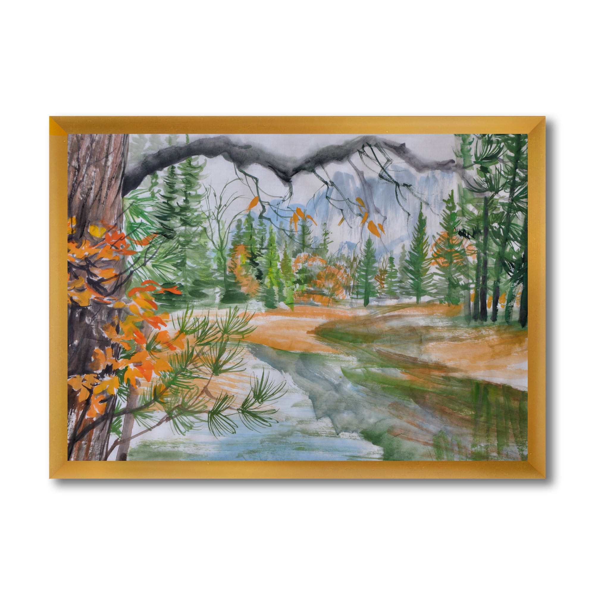 Designart 'Trees With River In Autumn Forest' Lake House Framed Art Print
