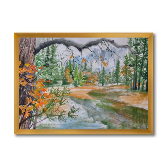 Designart 'Trees With River In Autumn Forest' Lake House Framed Art Print